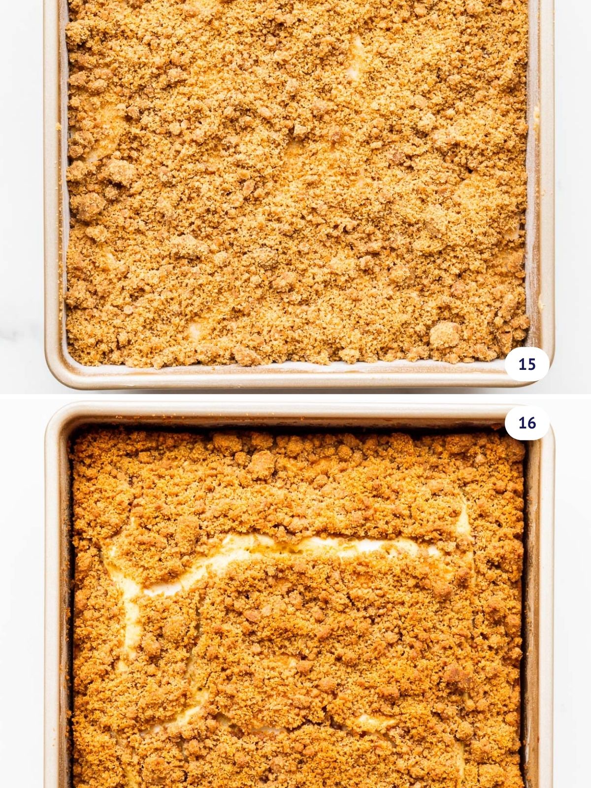 Crumb cake topped with cinnamon streusel, before and after baking.