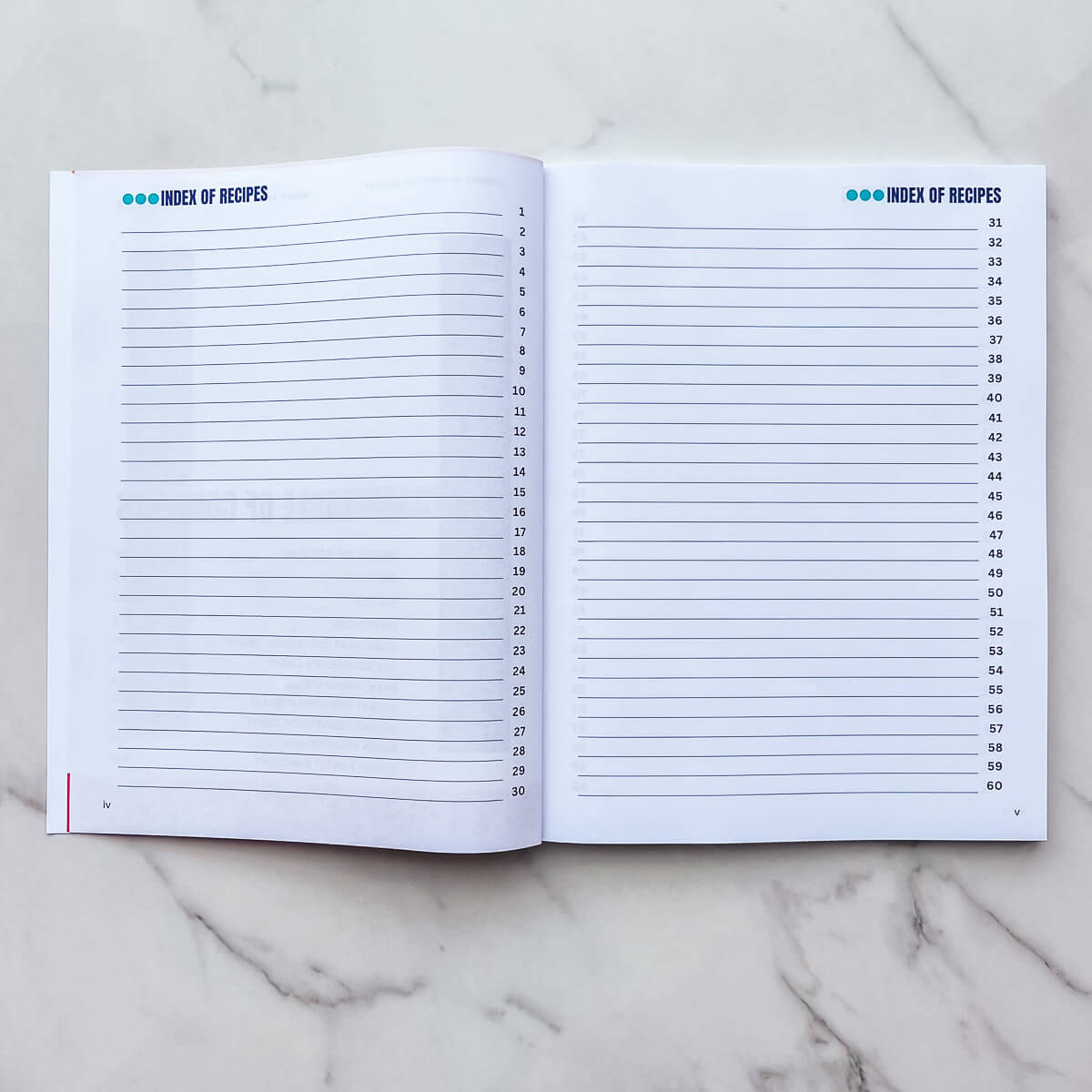 Blank recipe index pages in a baking recipe journal.