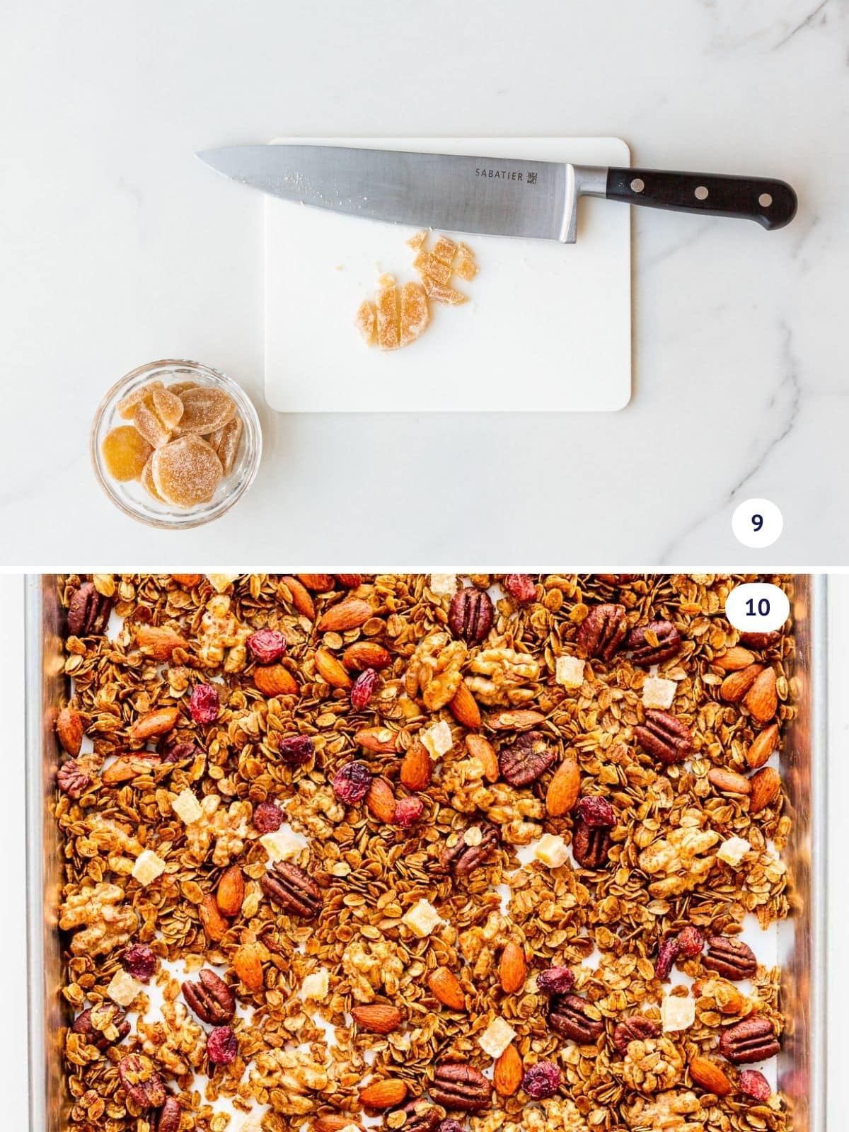 Chopping crystallized ginger and adding it to homemade granola along wiith dried cranberries.