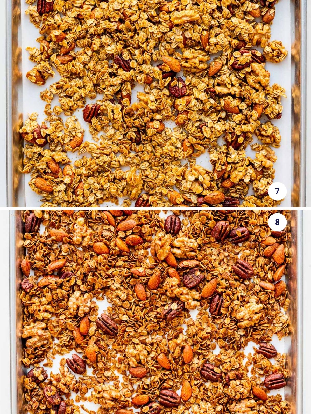 Gingerbread granola before and after baking.