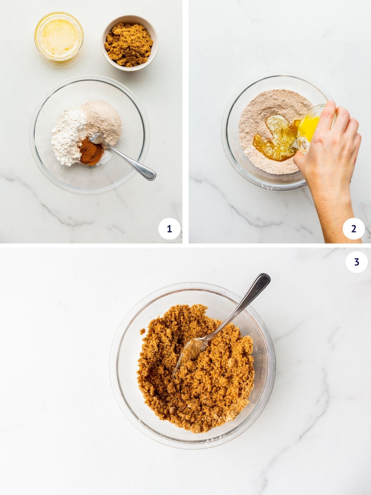 Mixing cinnamon streusel ingredients to make a crumb topping with melted butter.