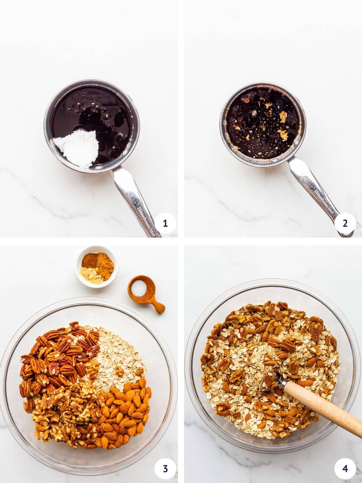 Melting coconut oil with maple syrup and molasses to pour over the dry ingredients to make granola.