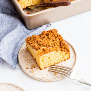 Apple crumb cake served on a dessert plate.