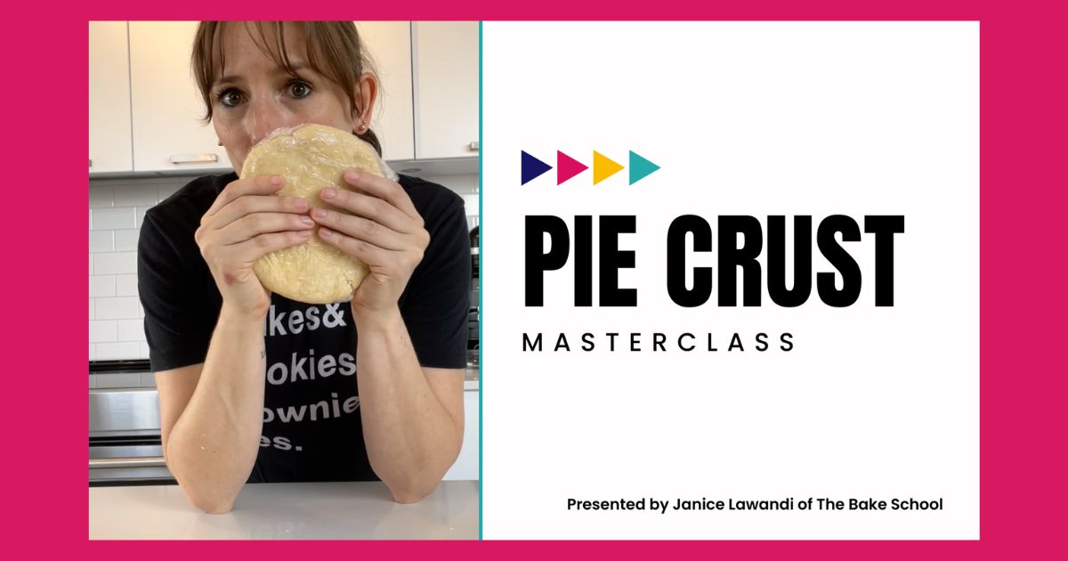 Image of Janice Lawandi holding up a disk of pie dough with text overlay that says "Pie crust masterclass presented by Janice Lawandi of The Bake School".