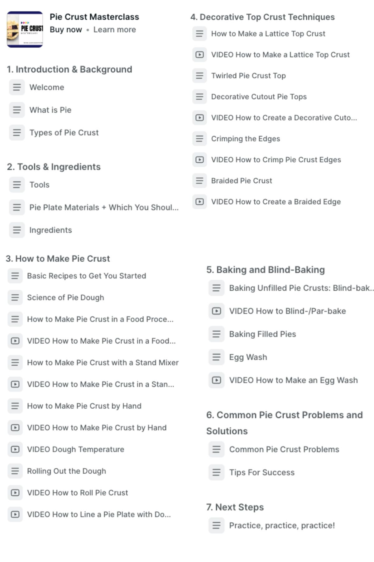 Curriculum of the Pie Crust Masterclass featuring a list of the sections as well as the individual lessons.