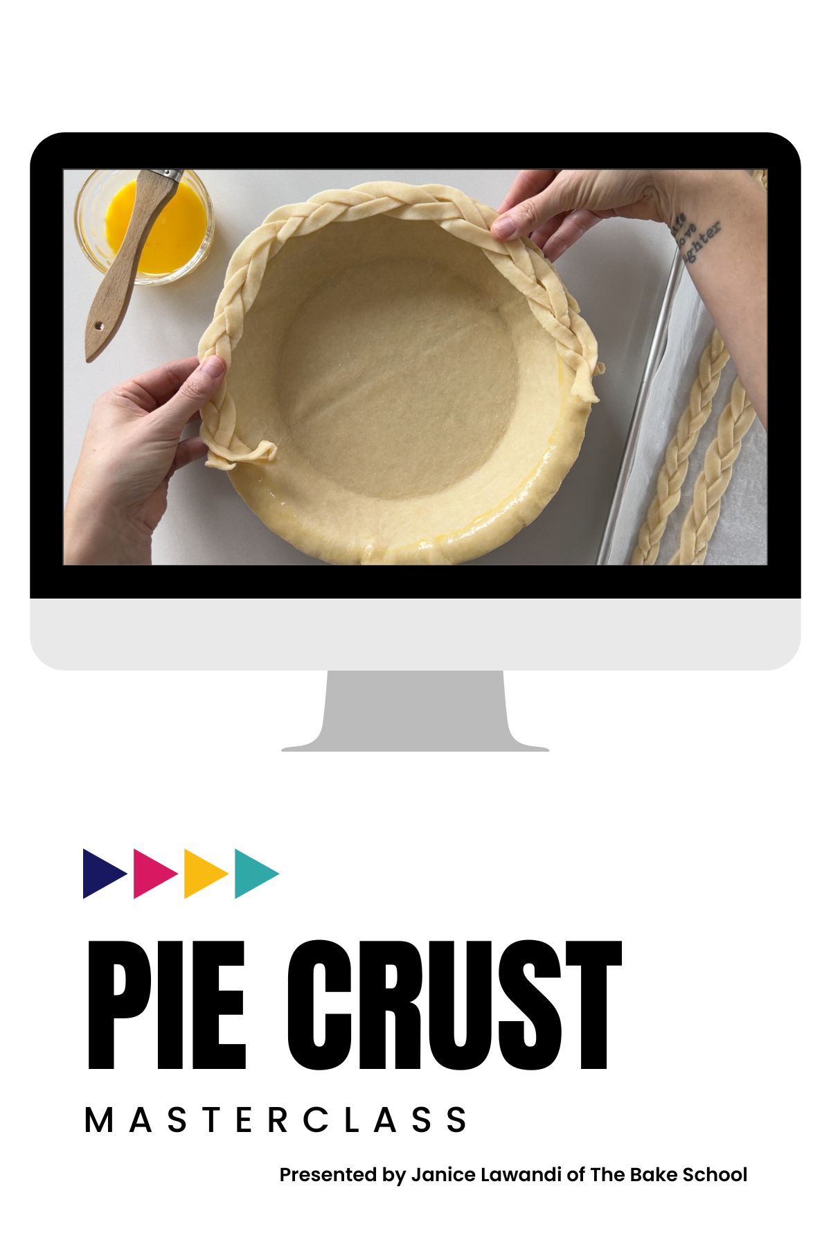 Computer screen showing image of adding a braided edge to an unbaked pie crust.