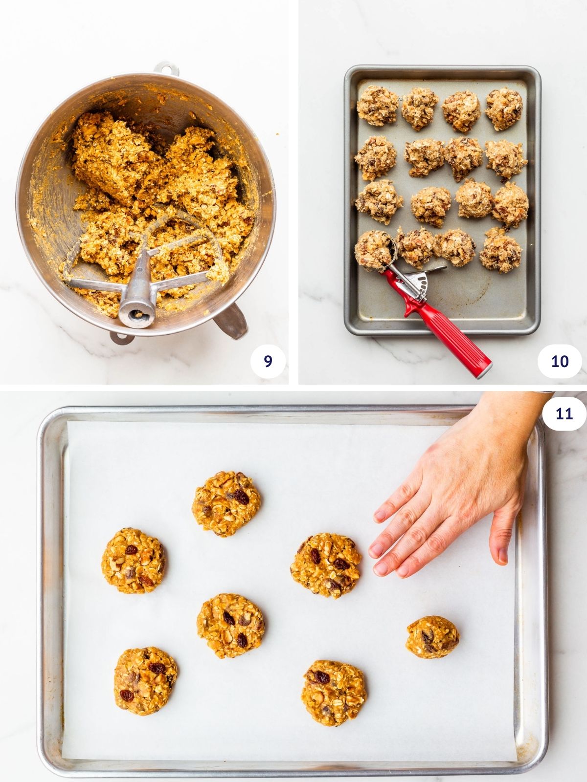 Portioning out scoops of oatmeal raisin cookie dough and then flattening them on a cookie sheet.