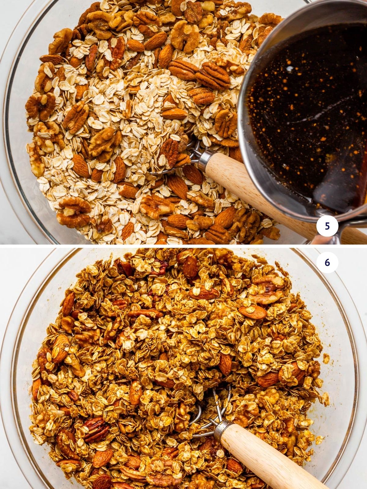 Pouring warm syrup over dry oats and nuts, and then stirring them to coat everything to make granola.