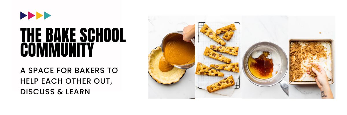 Banner for The Bake School Community featuring pictures of pies, bars, and cake.
