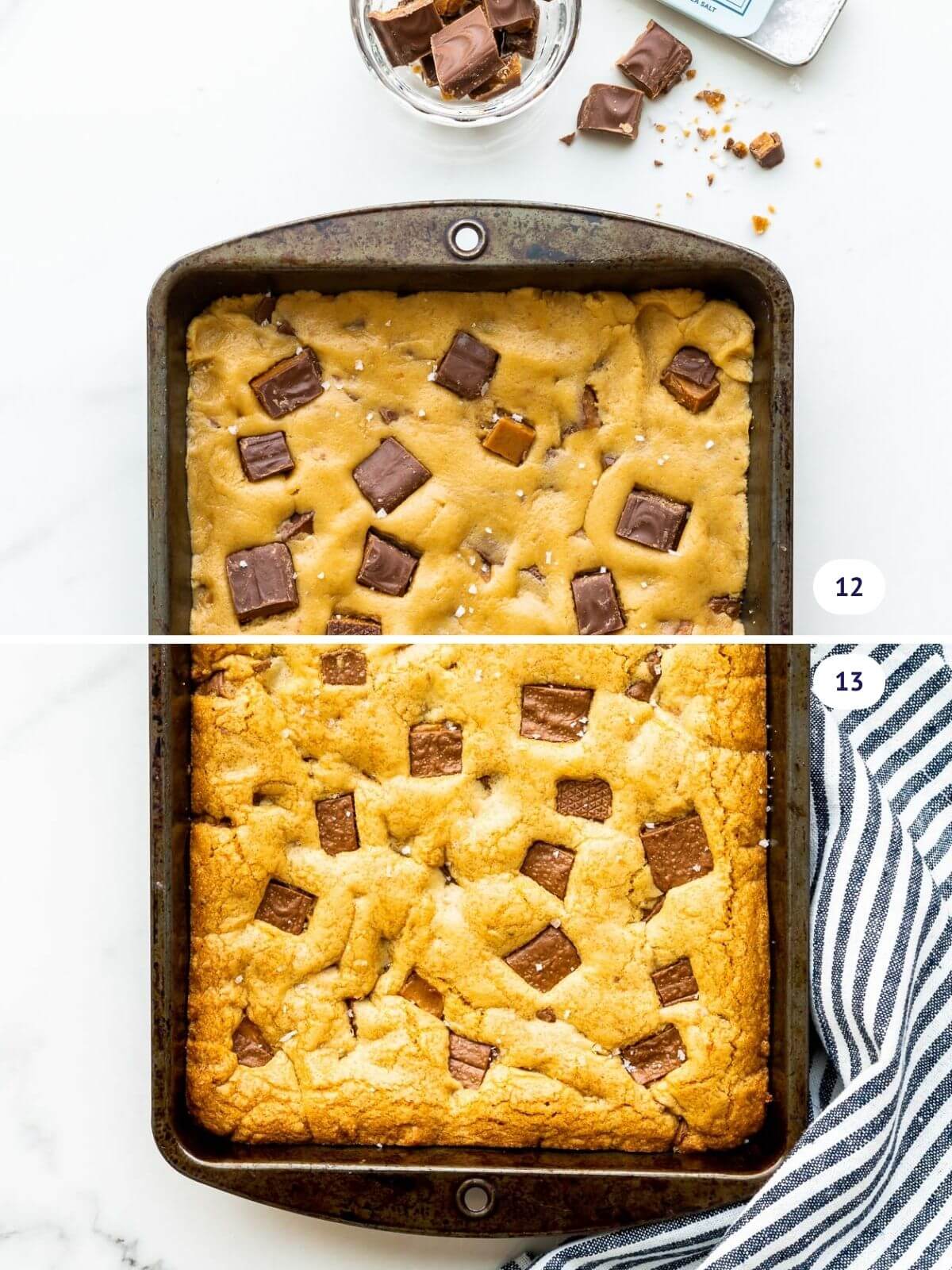 Blondie bars before and after baking.