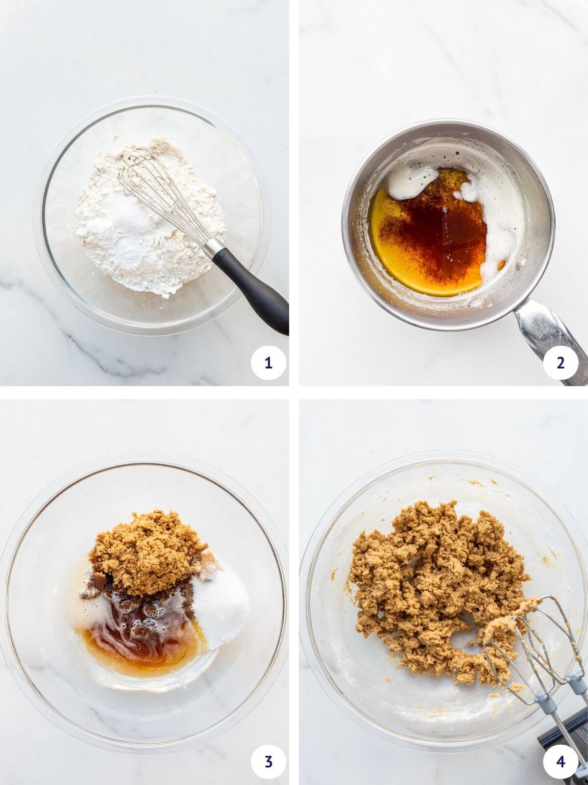 Whisking dry ingredients in one bowl and combining brown butter and sugar in another bowl to make blondie bars.