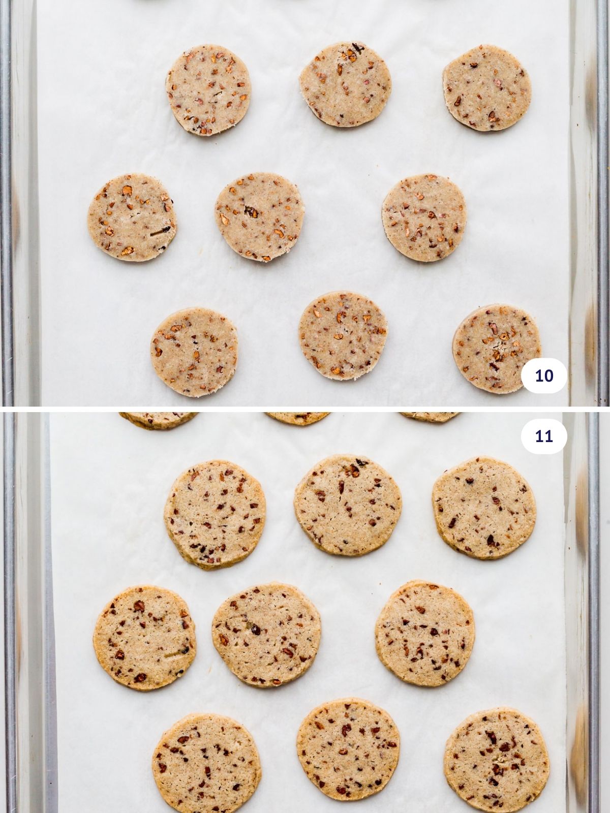 Round shortbread cookies before and after baking on a parchment paper-lined sheet pan.