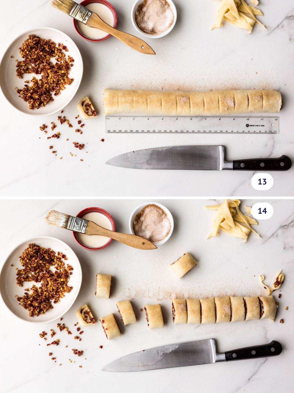 Shaping and cutting rugelach cookies filled with cinnamon, sugar, toasted walnuts, and dried cranberries.