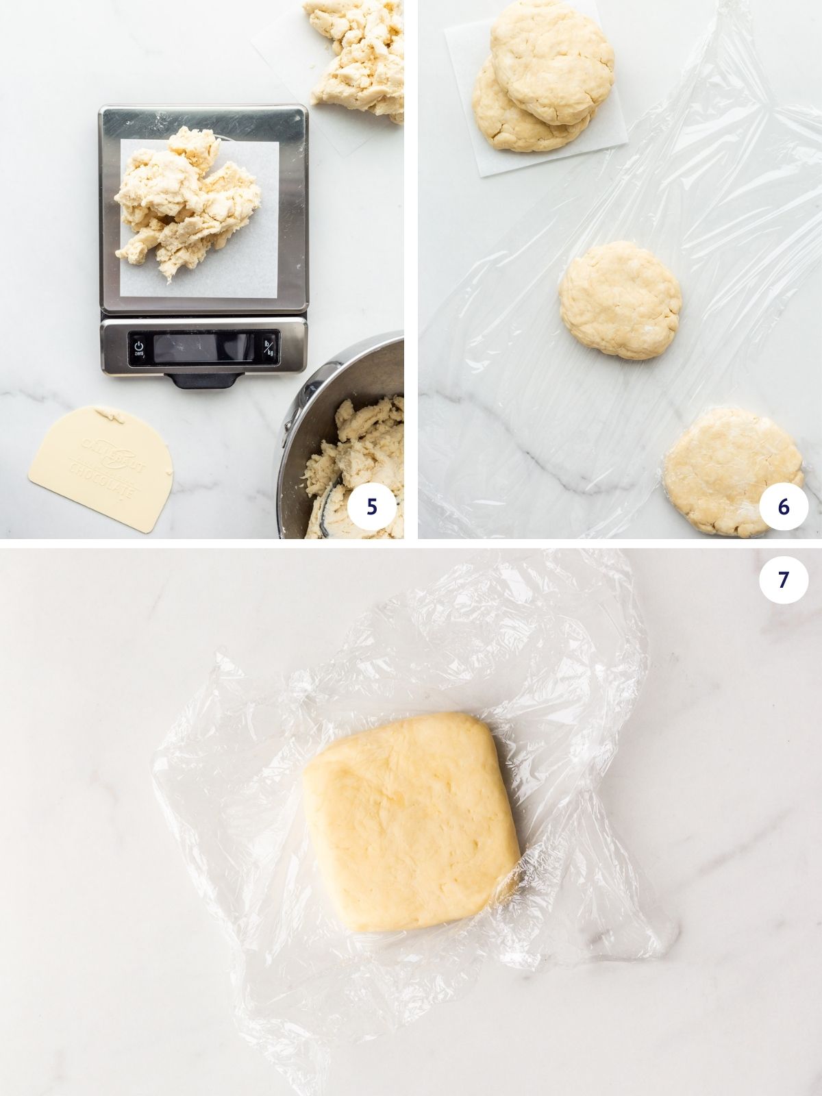 Dividing cream cheese dough into equal portions before shaping and wrapping in plastic wrap to chill.