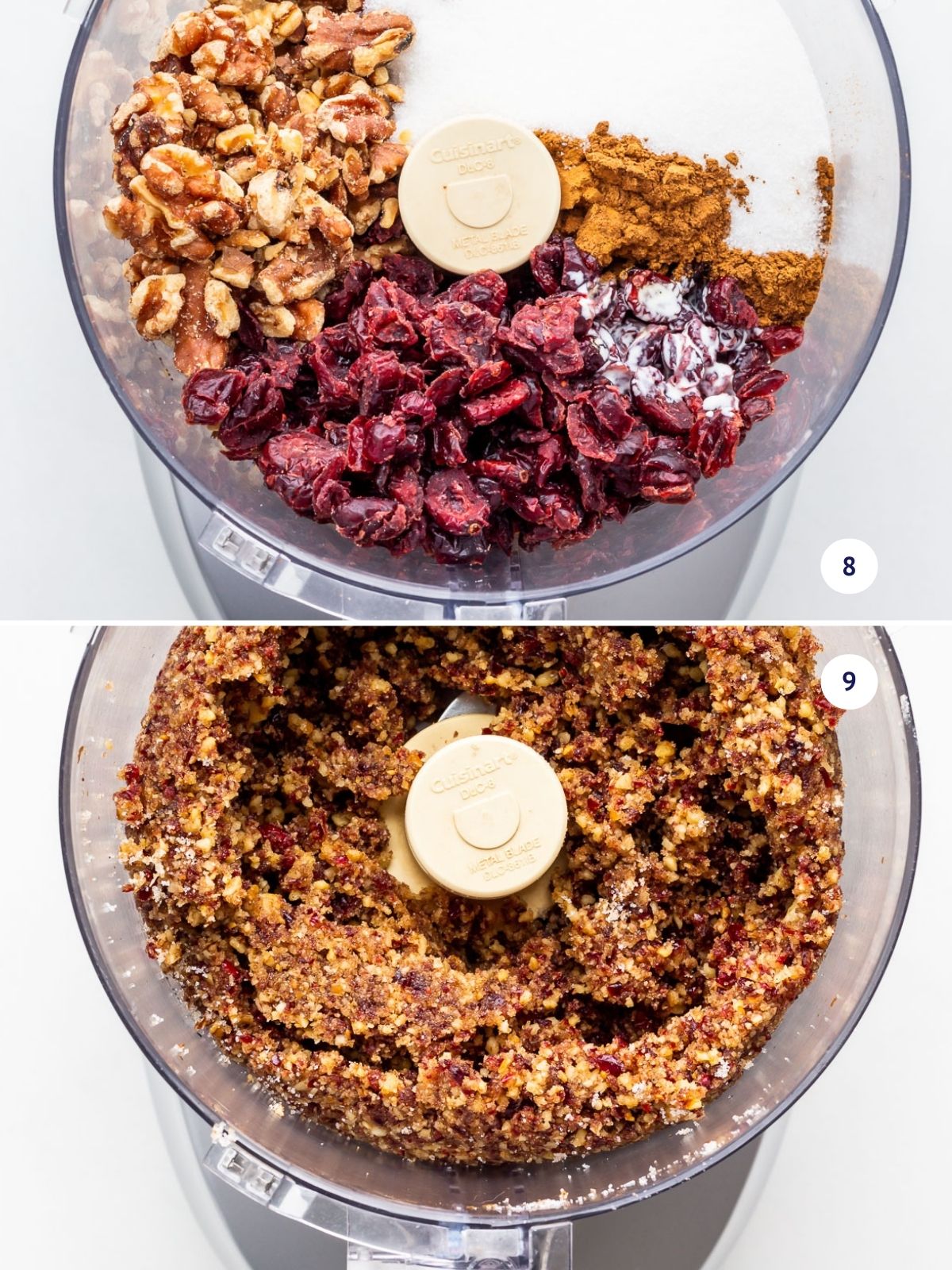 Preparing finely ground filling for rugelach in a food processor with toasted walnuts, granulated sugar, dried cranberries, lots of cinnamon, vanilla, and some cream.