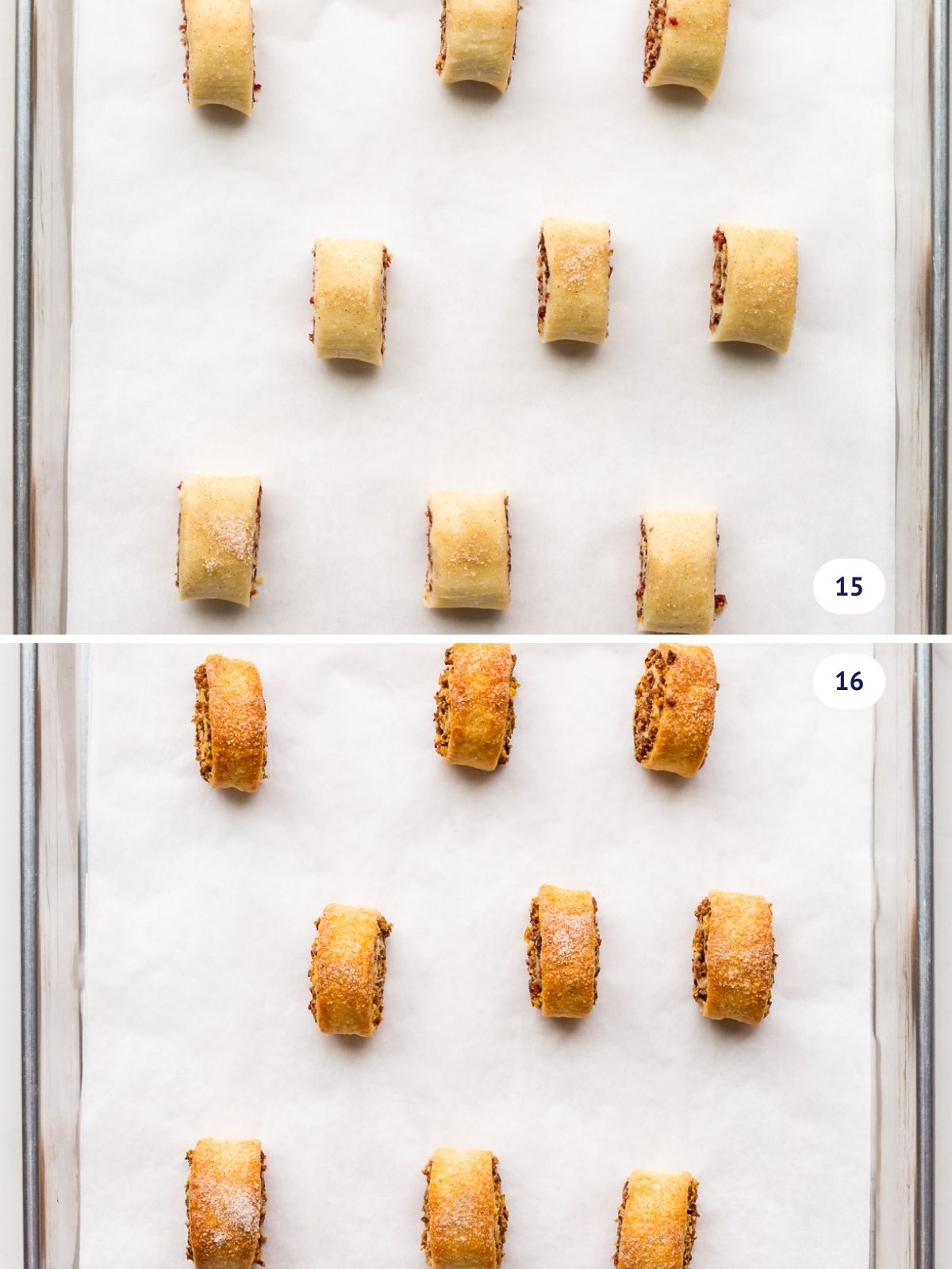 Rugelach cookies topped with cinnamon sugar, before and after baking on a parchment paper-lined sheet pan.