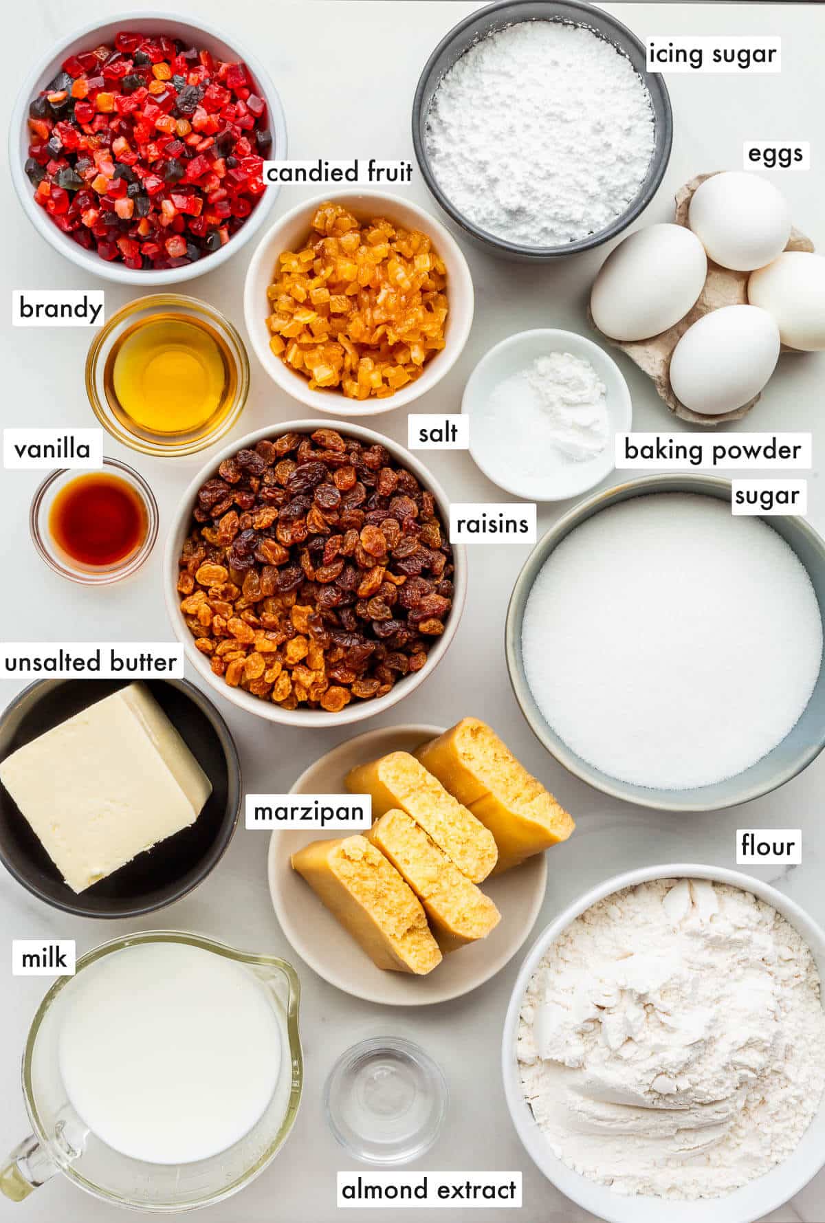 Ingredients to make light fruitcake measured out.