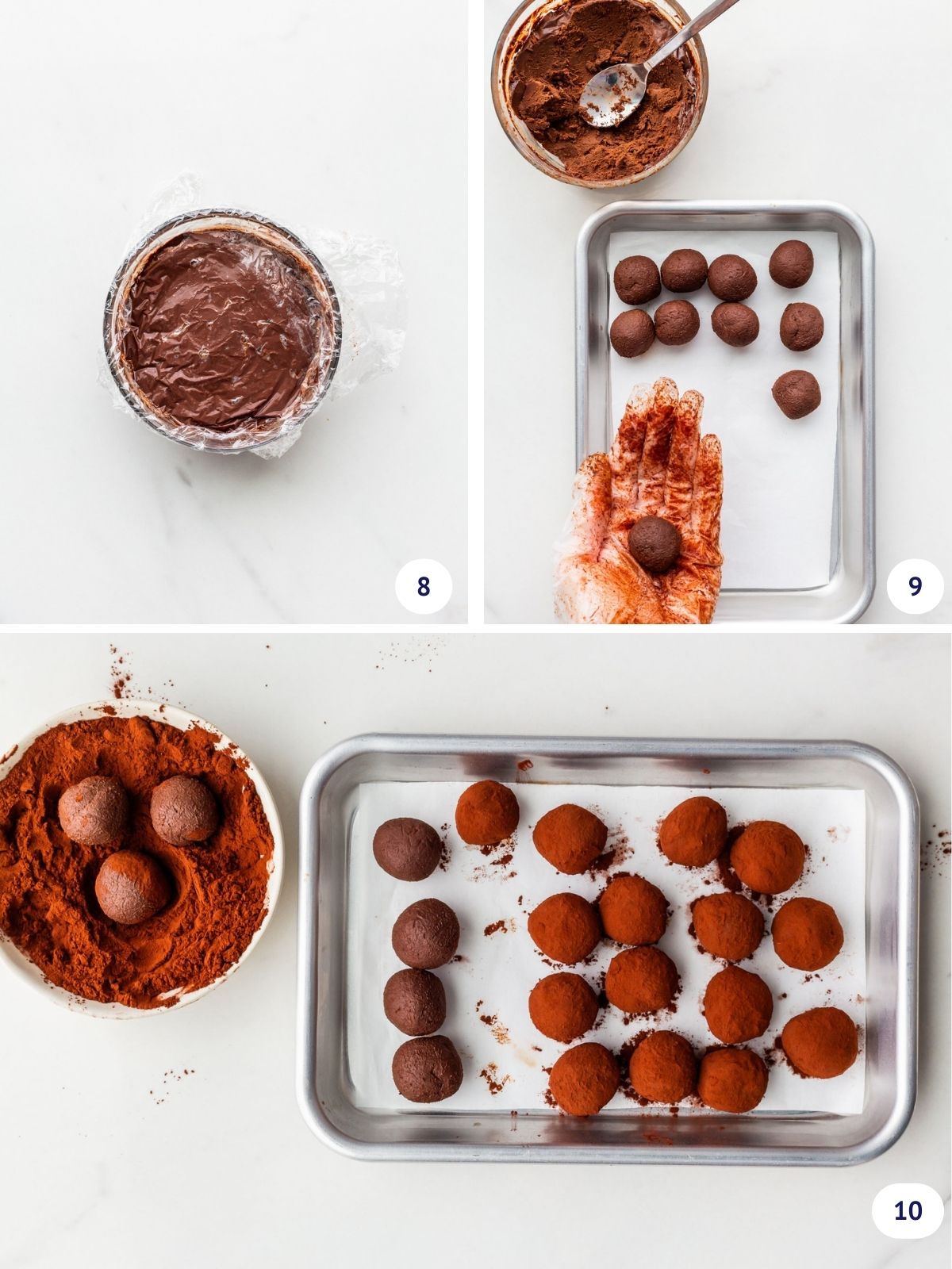 Rolling chilled ganache into balls and coating in cocoa powder to make homemade truffles.