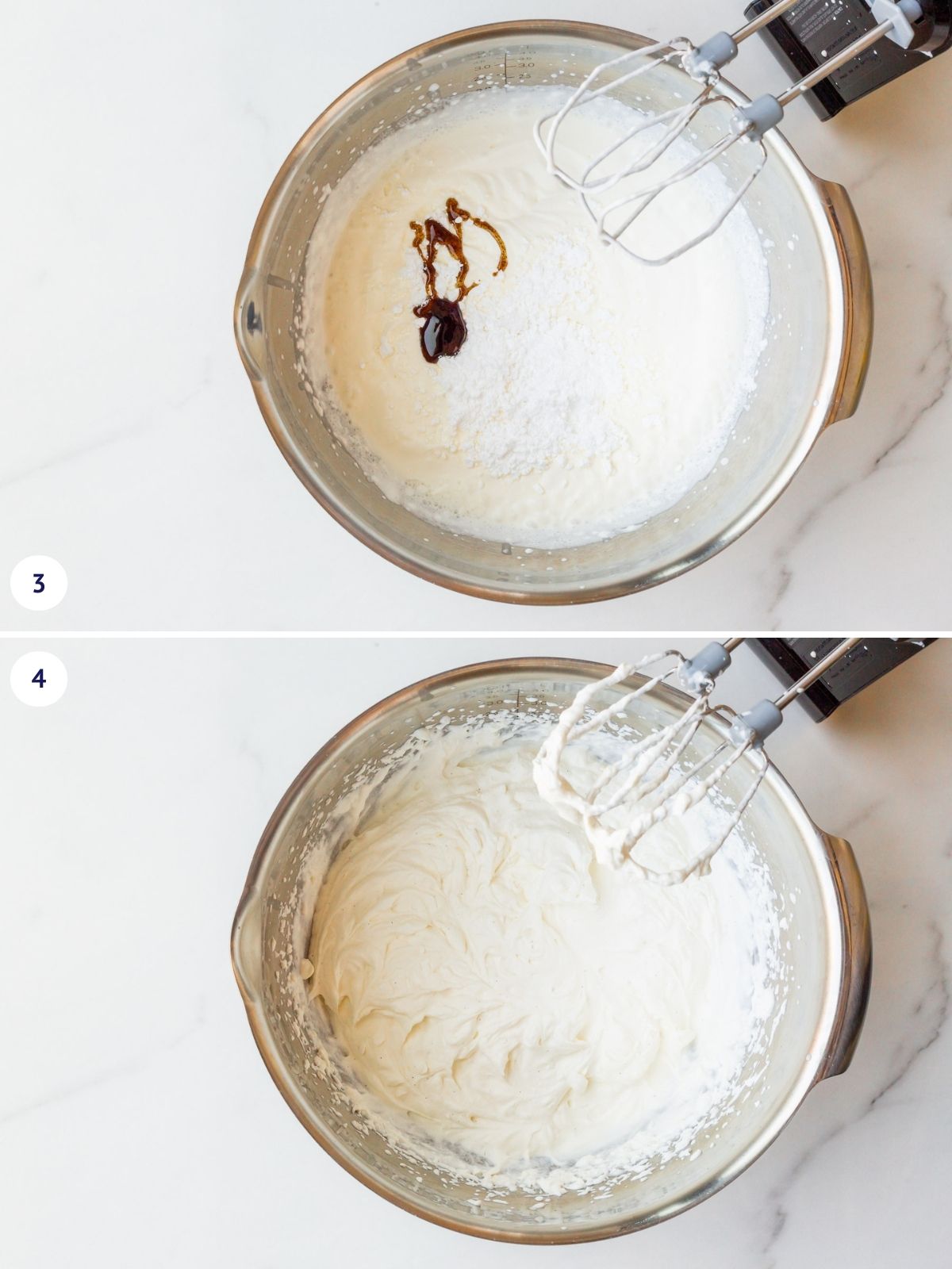 Whipping soft whipped cream with vanilla and sugar with an electric hand mixer.