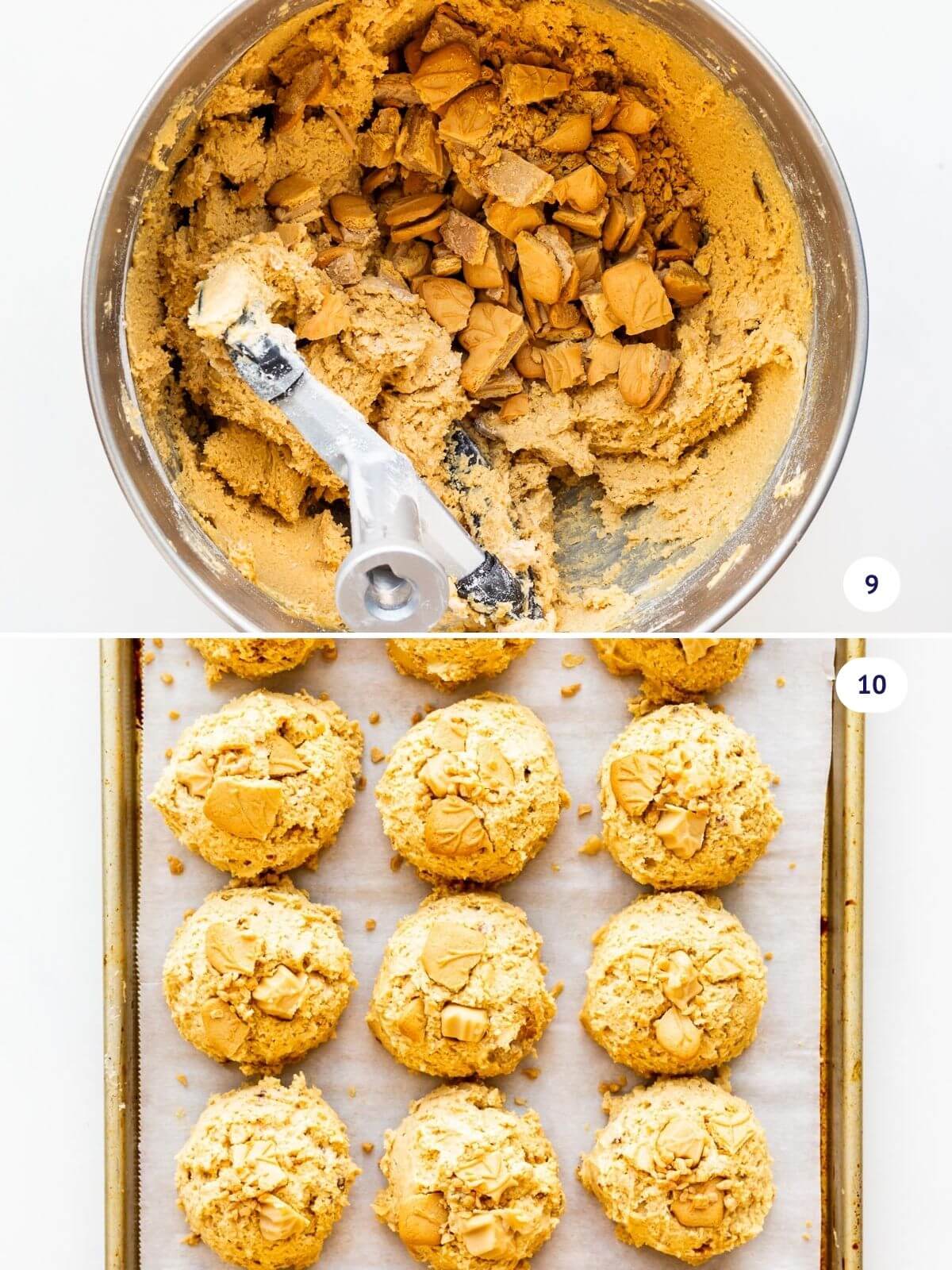 Incorporating maple cream cookies and candies in maple cookie dough before portioning it out into scoops on a pan.