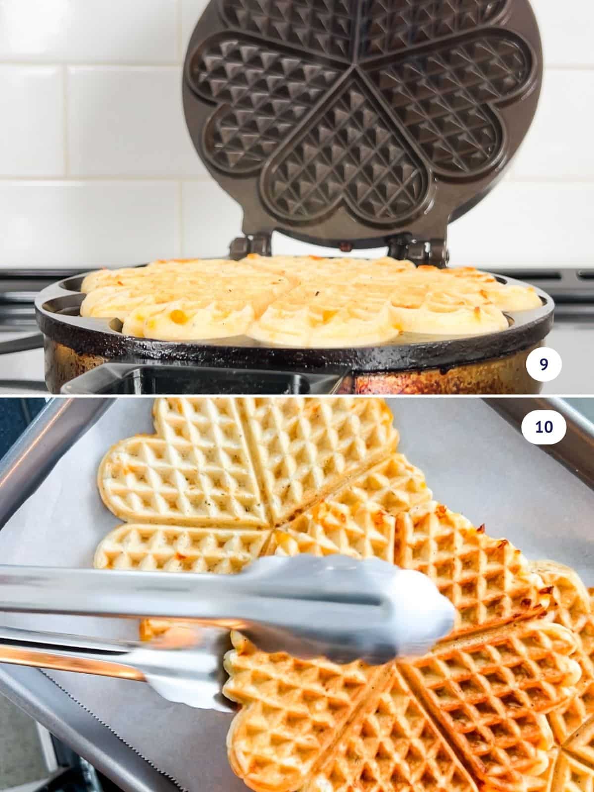 Cooking waffles in a waffle iron before transferring them to the oven to keep them warm.