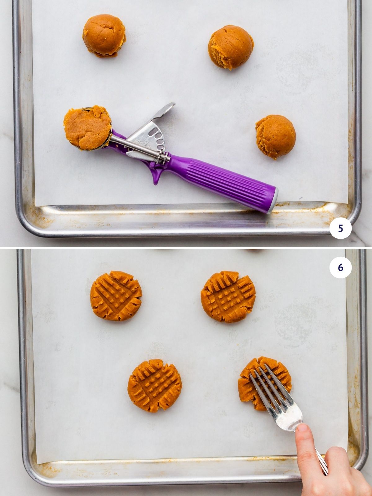 Scooping peanut butter cookie dough onto a sheet pan then pressing them down with a fork to make a criss cross pattern.