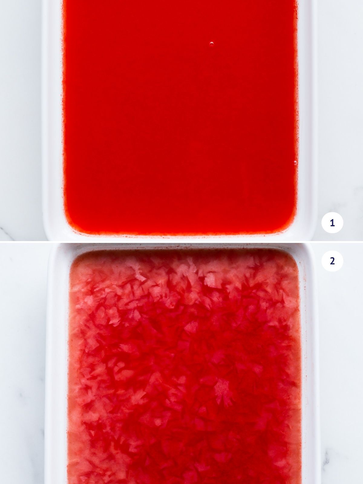 Watermelon juice before and after freezing in a shallow dish to make granita.