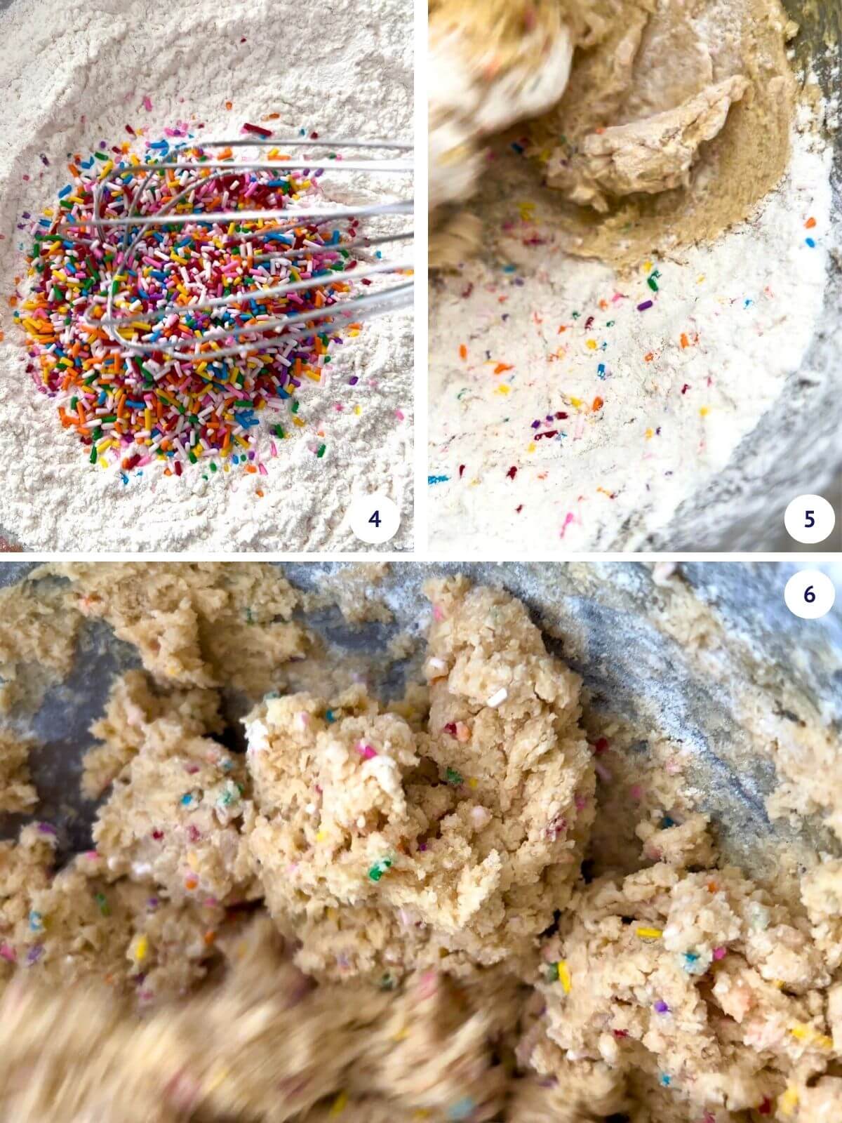 Whisking sprinkles into flour before incorporating to make confetti cookie dough.