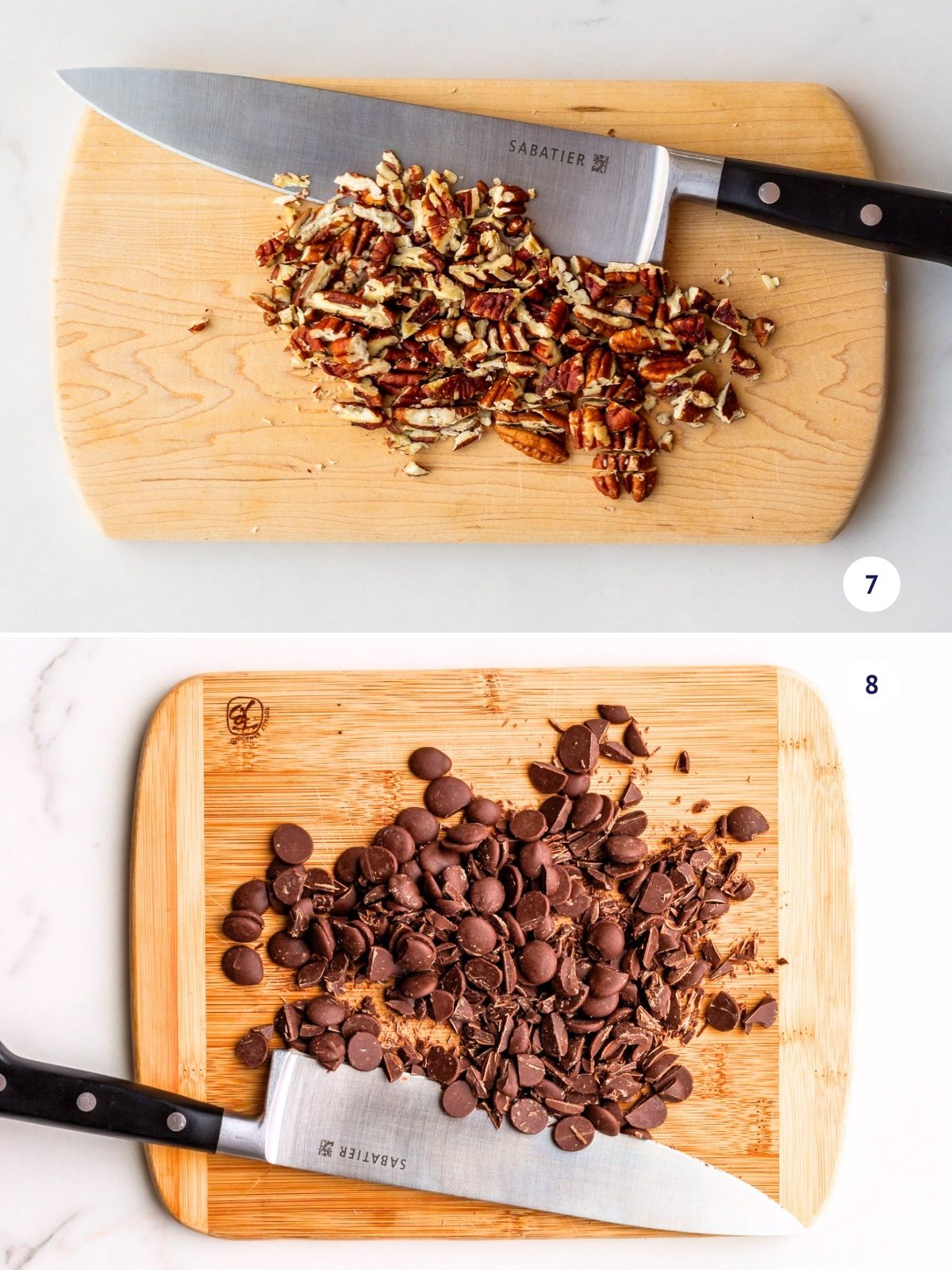 Chopping chocolate and pecans to make pecan chocolate chip cookies.