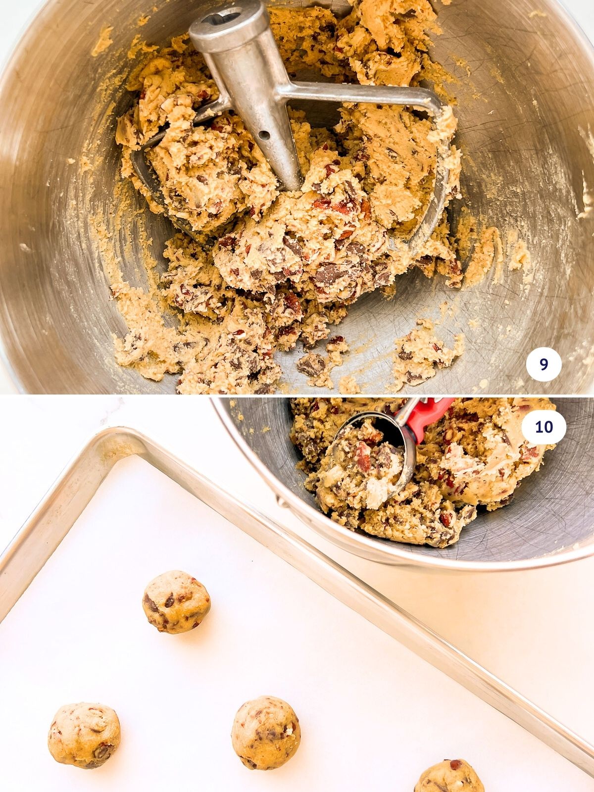 Scooping pecan chocolate chip cookie dough onto a parchment paper-lined sheet pan.
