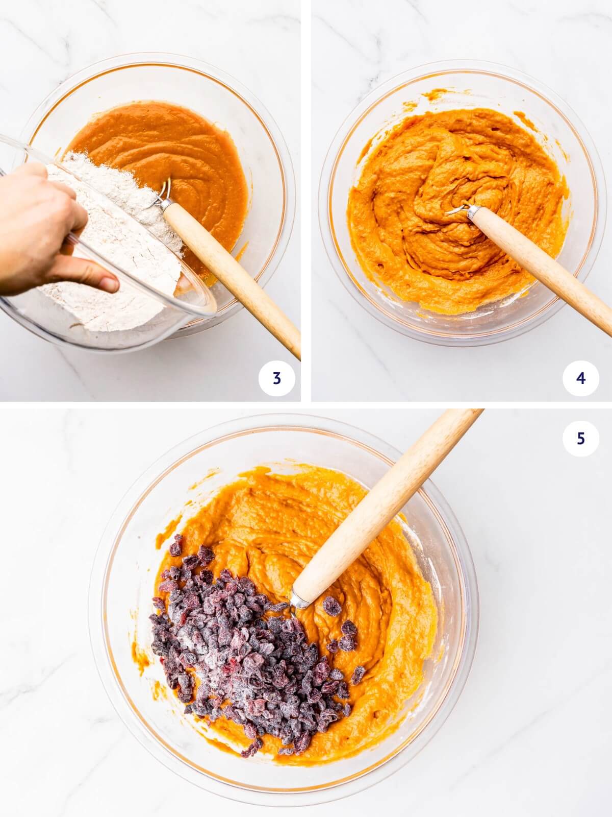Mixing dry ingredients and cranberries to make a pumpkin cranberry cake.