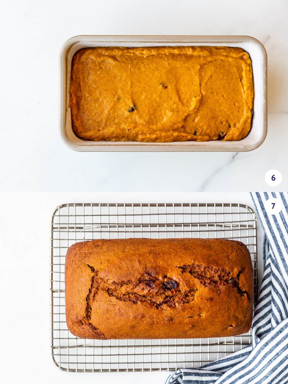 Pumpkin cranberry bread before and after baking.