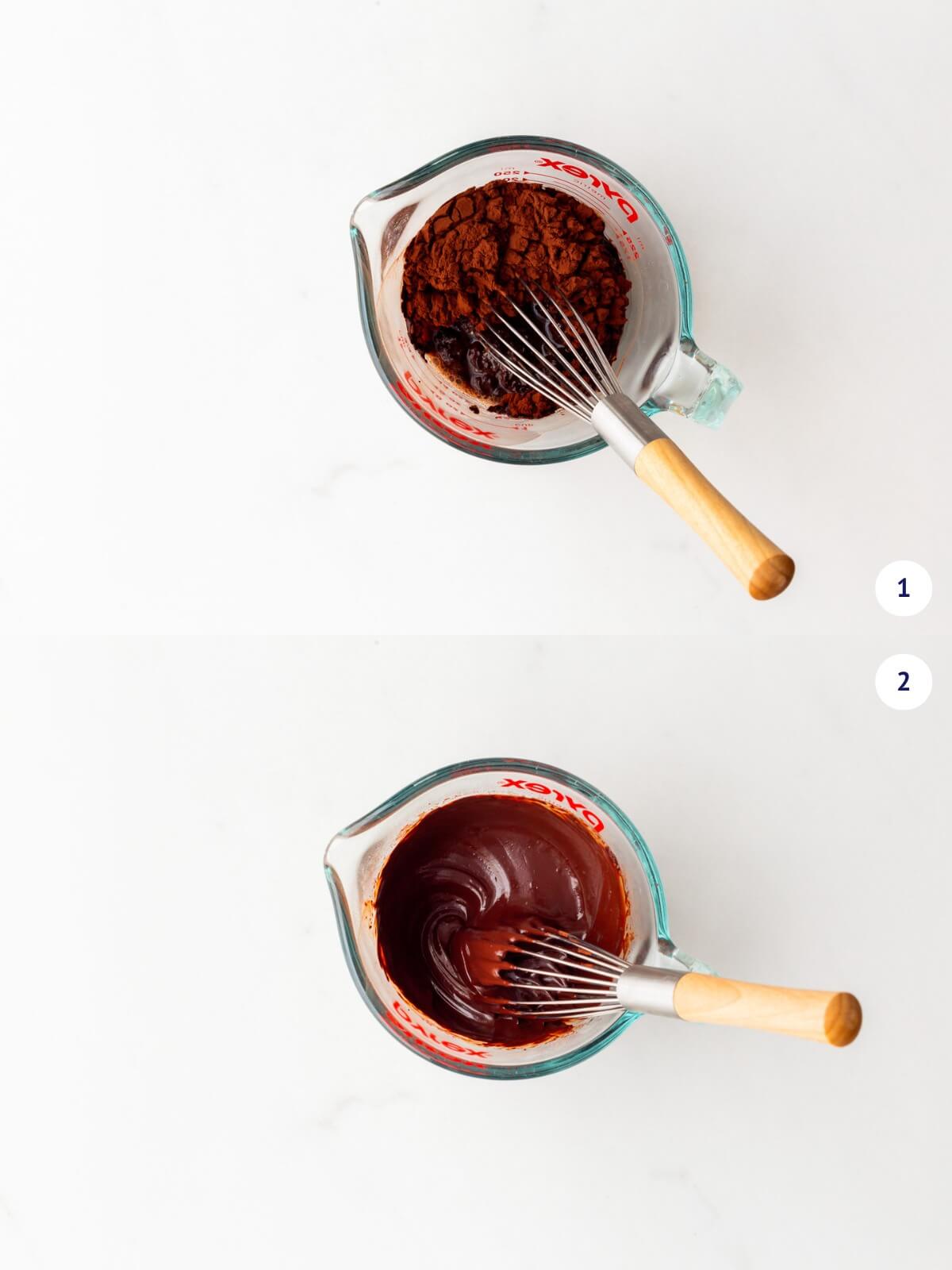 Combining cocoa powder and boiling water to bloom the cocoa for a chocolate cake.