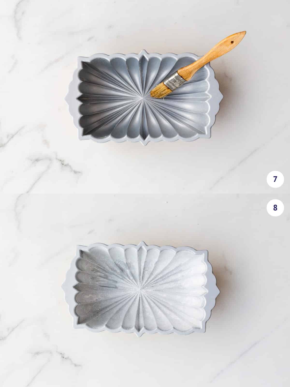 Buttering and flouring a decorative loaf cake pan to prevent the cake from sticking to the pan.