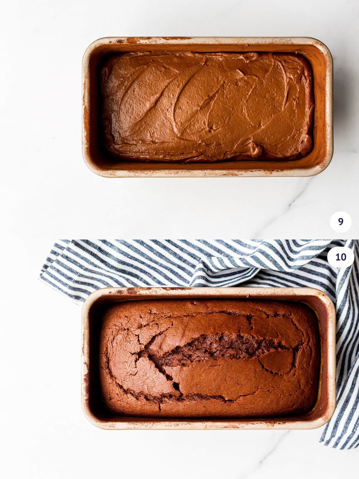 Chocolate cake before and after baking in a loaf pan.