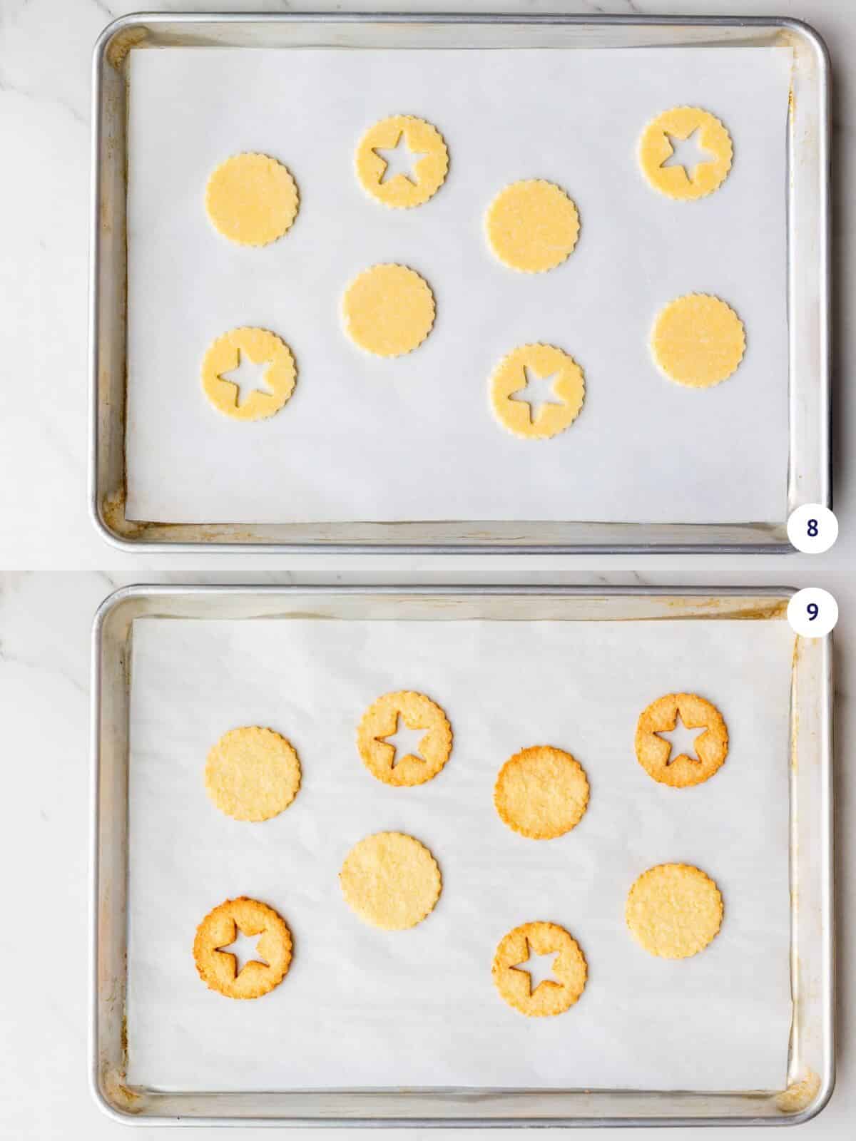 Coconut shortbread cookies before and after baking on a sheet pan.