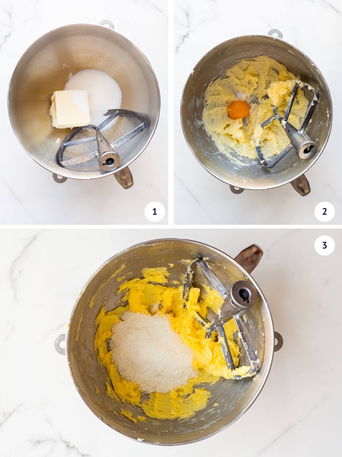 Combining butter and sugar in a stand mixer bowl before adding an egg yolk, salt, and then finely ground coconut to make coconut shortbread cookie dough.
