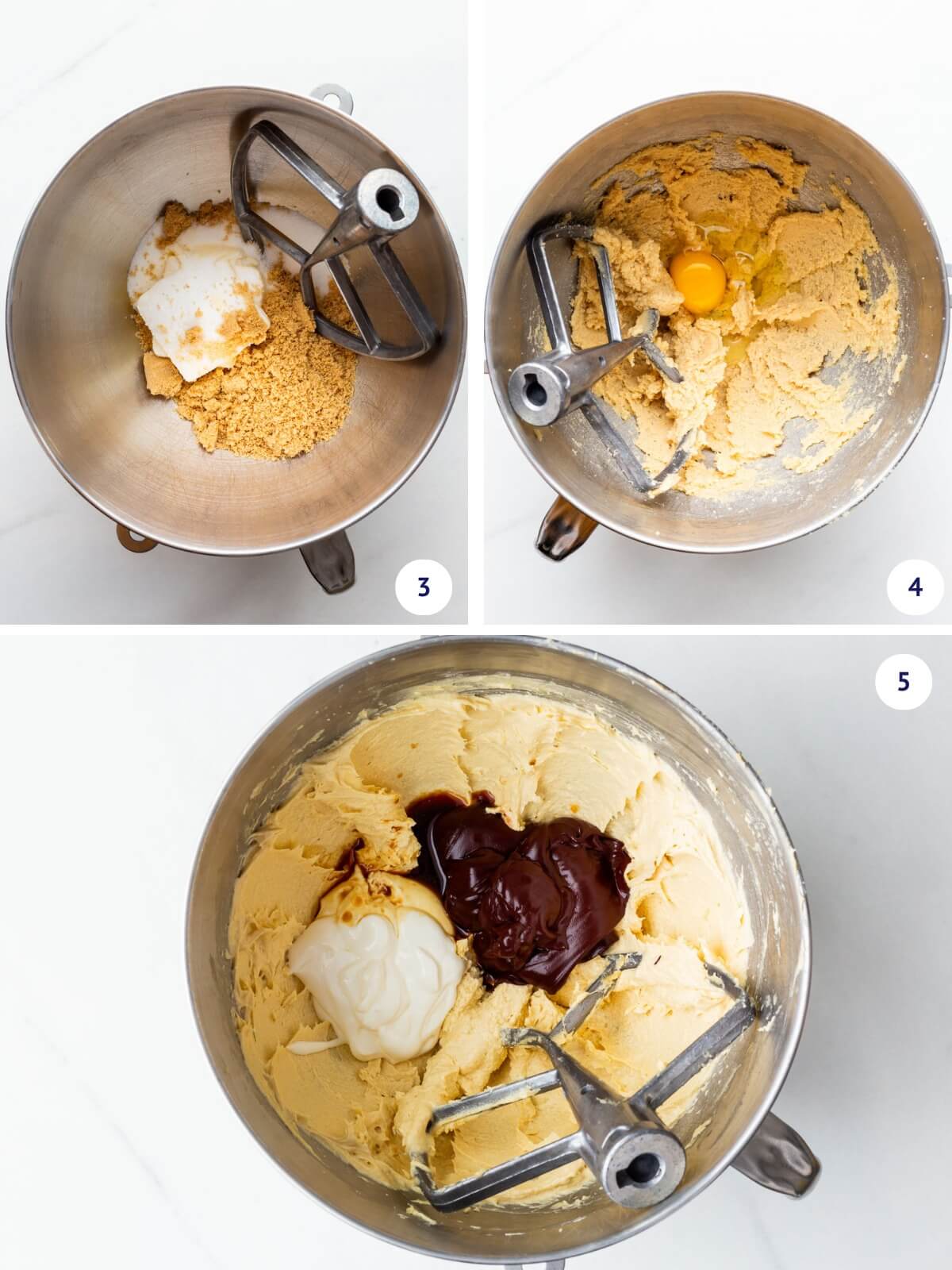 Creaming butter with sugar before adding eggs, vanilla, sour cream, and bloomed cocoa powder in a mixer bowl.
