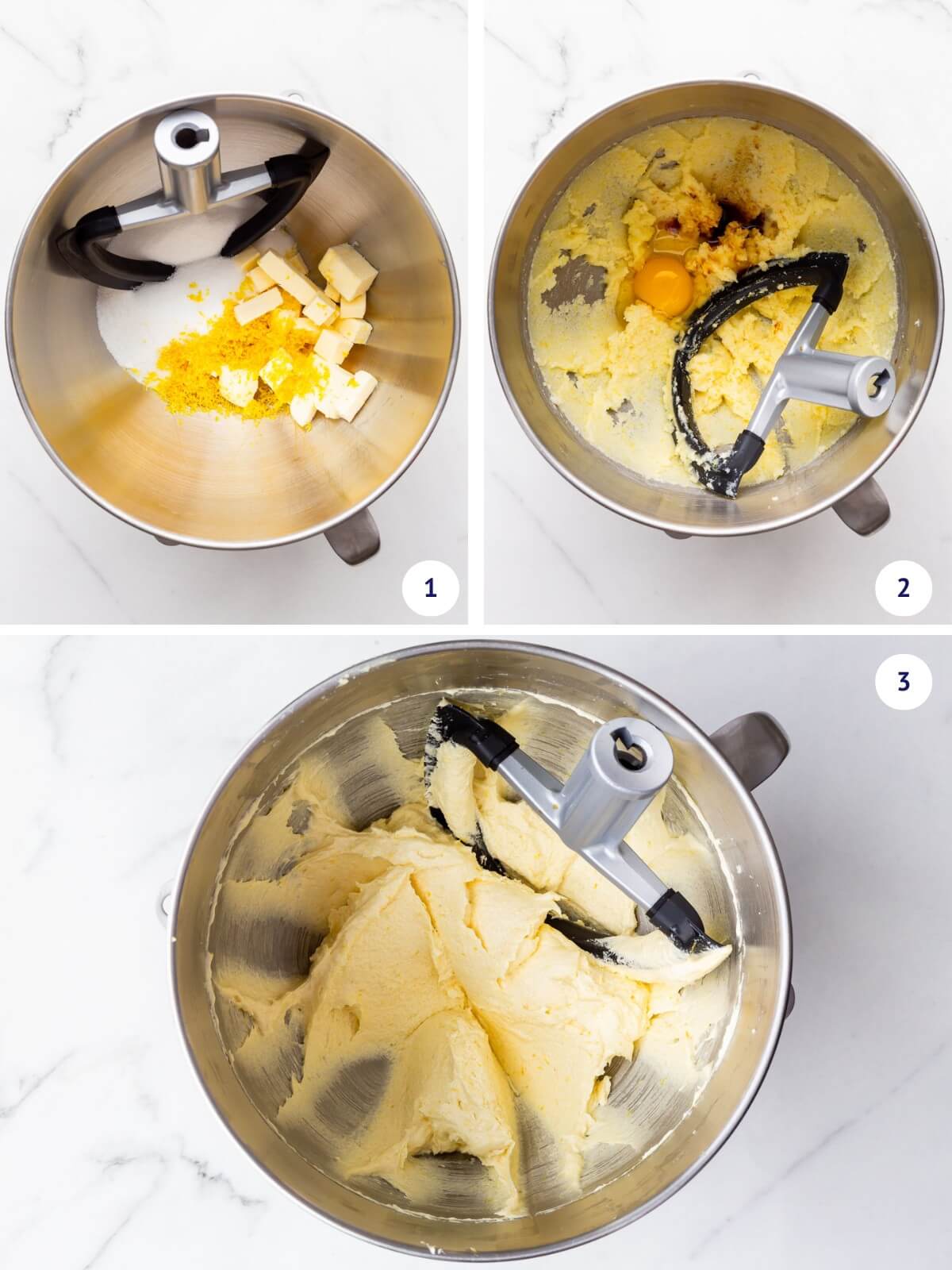Creaming butter, sugar and lemon zest before eggs and vanilla to make a lemon loaf cake in a stand mixer.