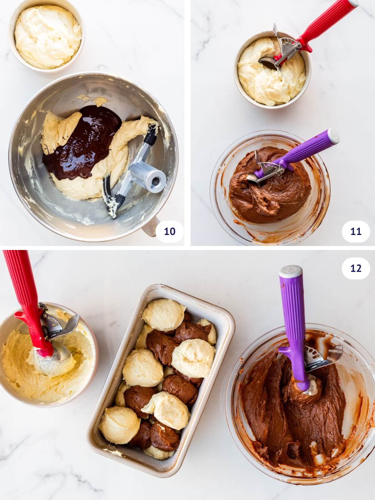 Flavouring some vanilla cake batter with melted dark chocolate to make a marble cake in a loaf pan.