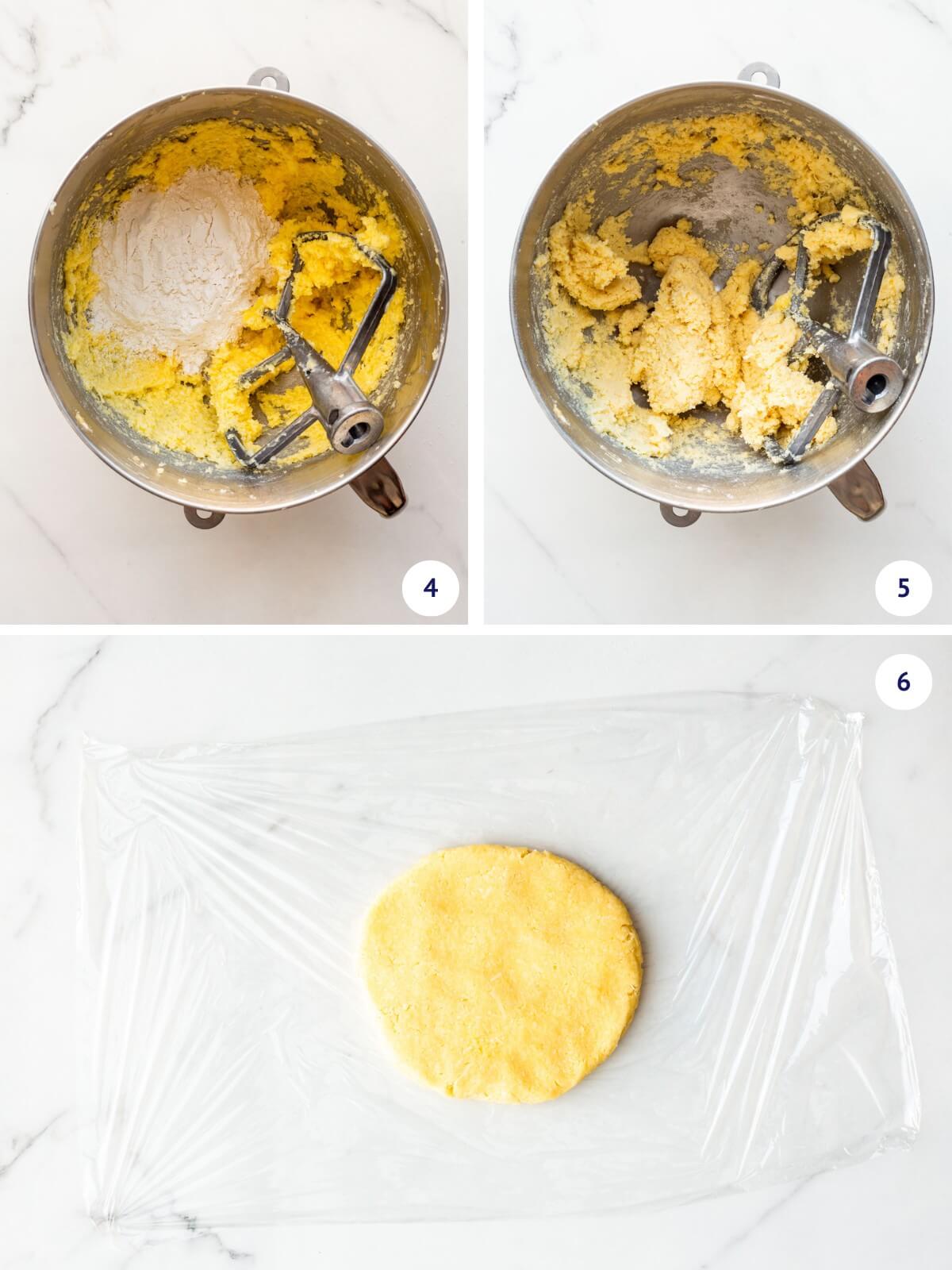 Mixing flour into coconut cookie dough before shaping into a disk and wrapping in plastic wrap.
