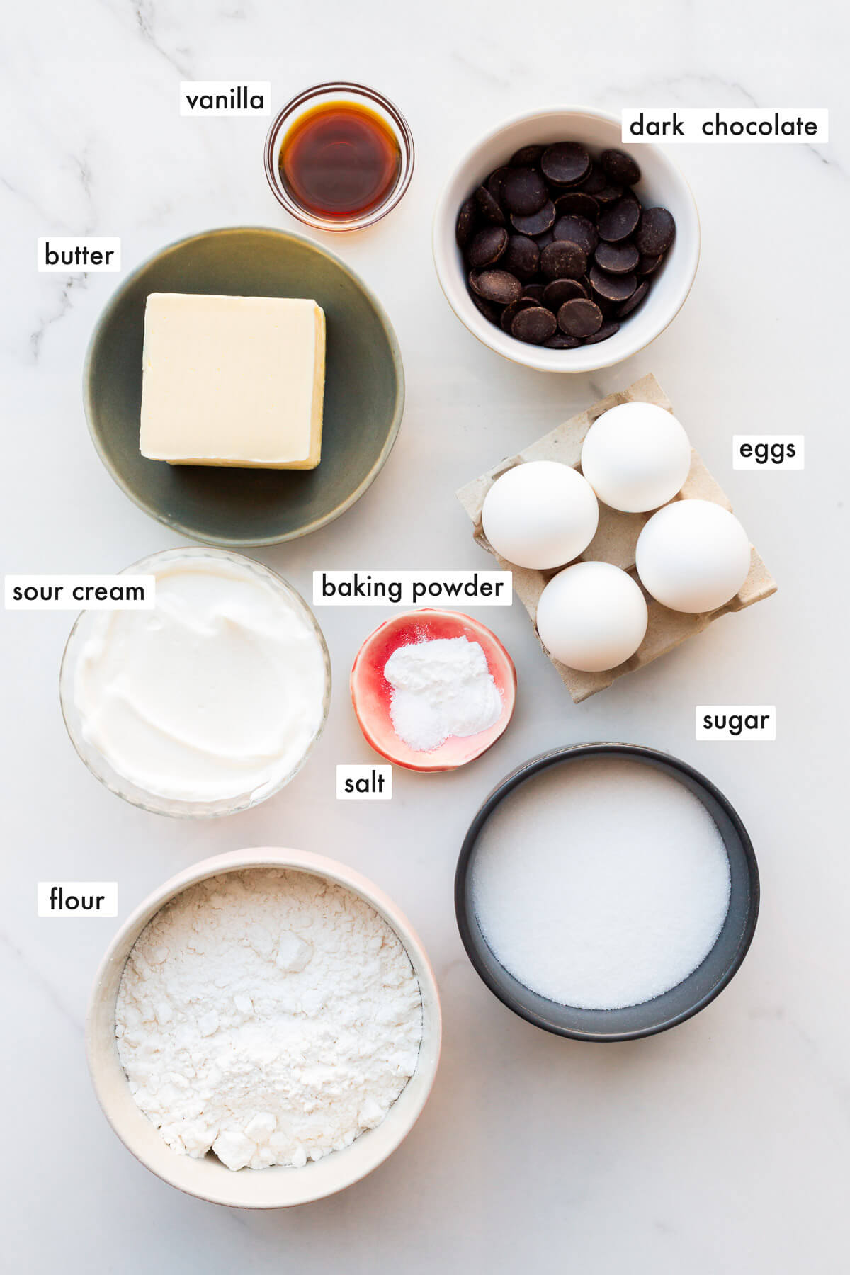 Ingredients to make marble cake measured out and ready to be mixed.