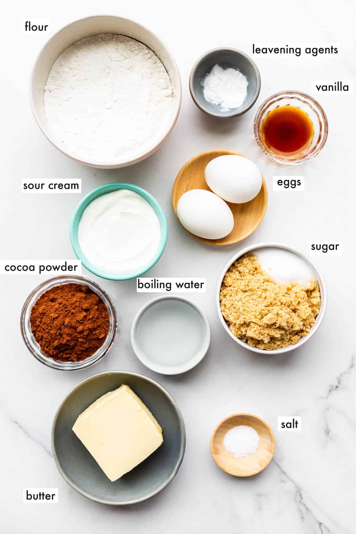 Ingredients for a chocolate loaf cake with sour cream measured out.