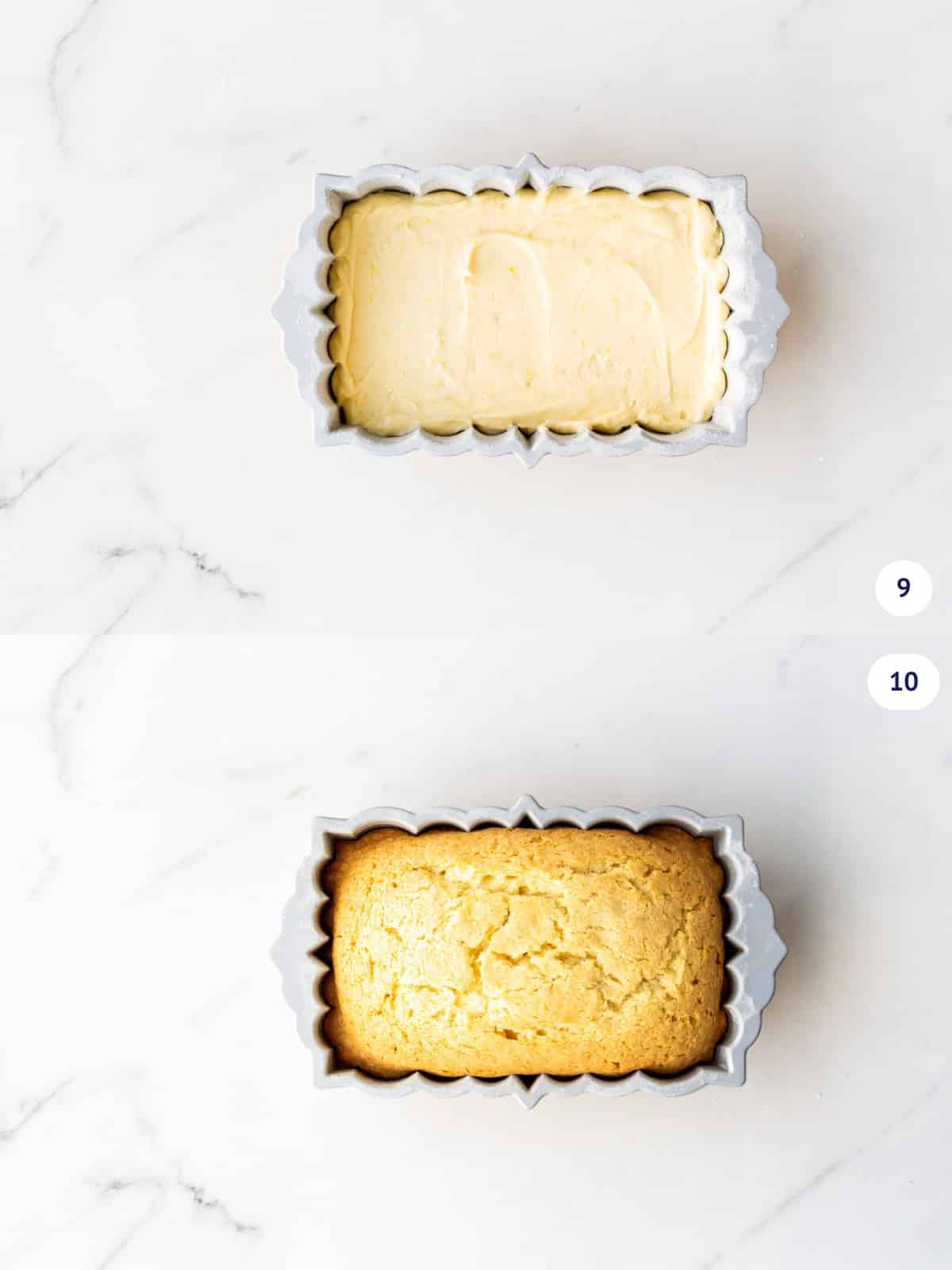 Lemon loaf cake before and after baking in a decorative NordicWare loaf cake pan.
