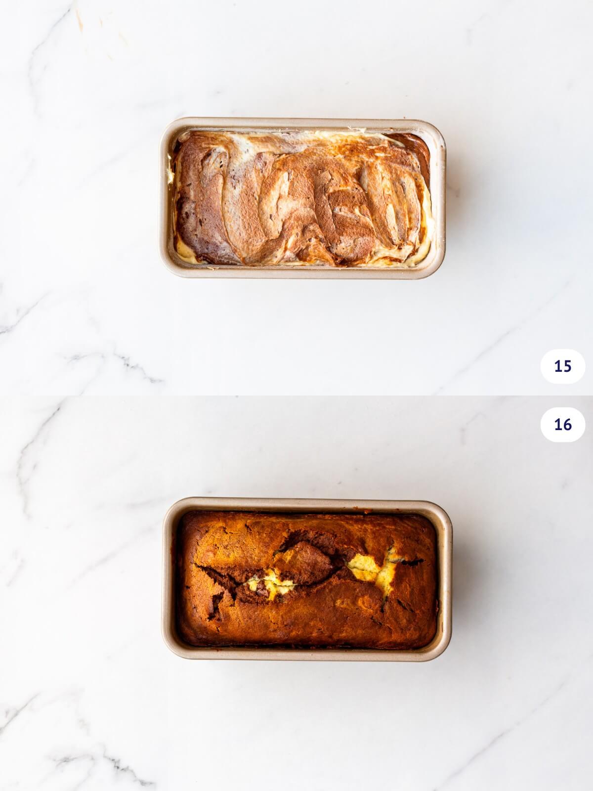 Marble loaf cake before and after baking.