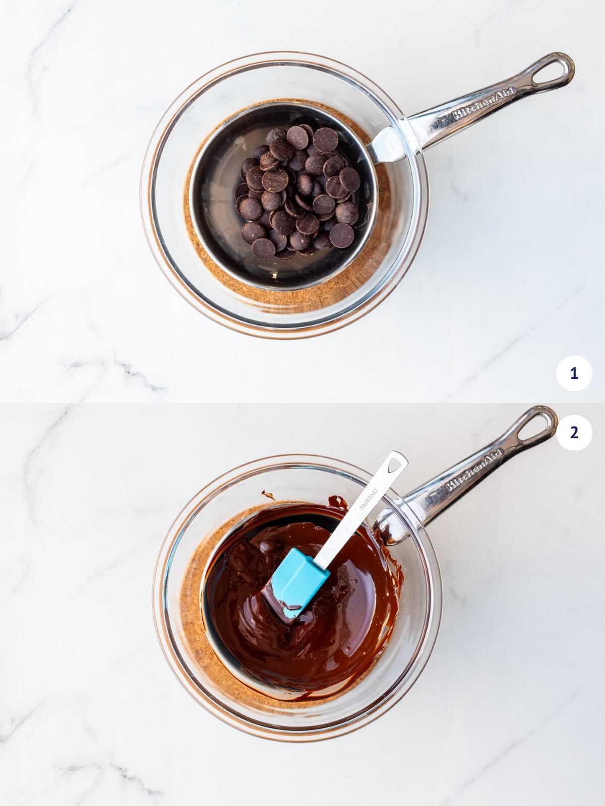 Melting chocolate over a pan of simmering water.