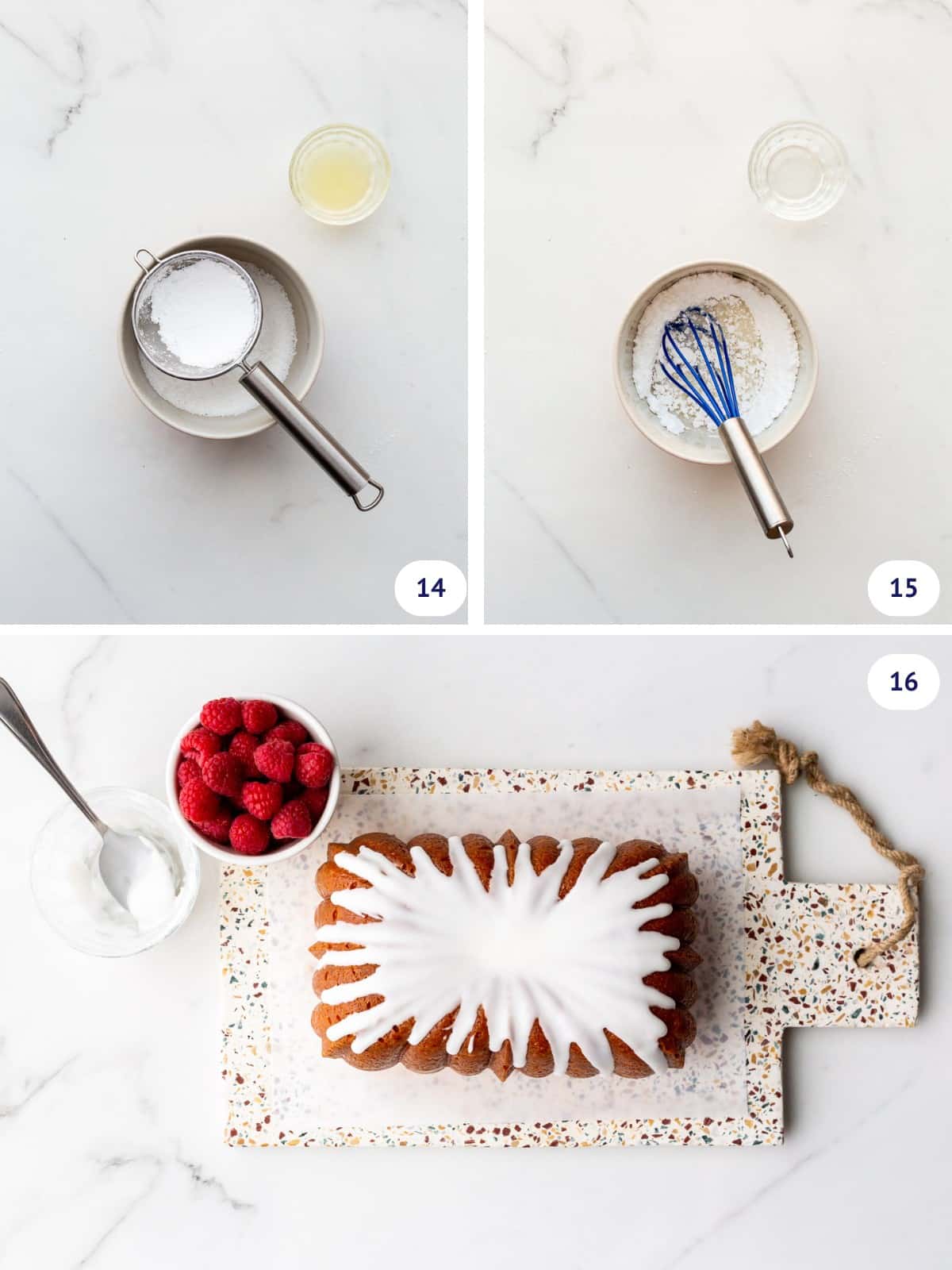 Making the lemon icing to pour onto a lemon loaf cake before serving.