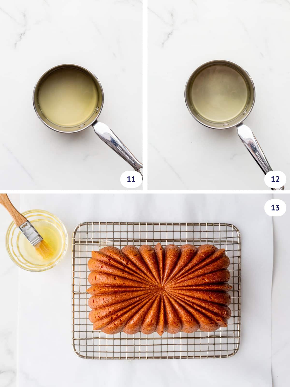Preparing a lemon syrup in a saucepan to brush onto a homemade lemon loaf cake set on a rack.