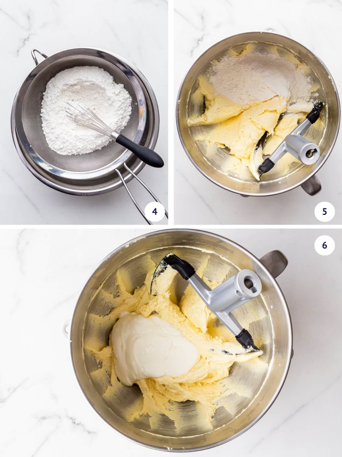 Sifting flour and adding to cake batter in a stand mixer bowl, alternating with sour cream.