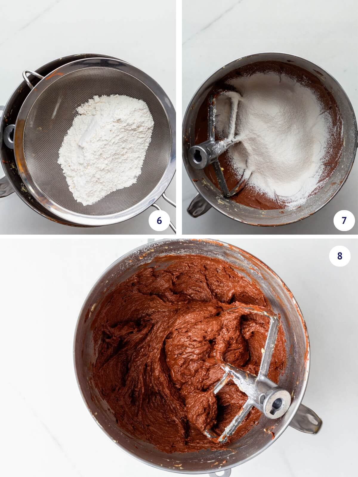 Sifting dry ingredients into a mixer bowl to make the batter for a chocolate loaf cake.